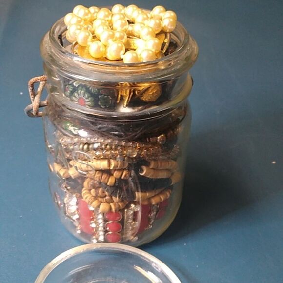 Vintage Atlas Pint Jewelry Jar with Beads and Chains - Picture 2 of 5